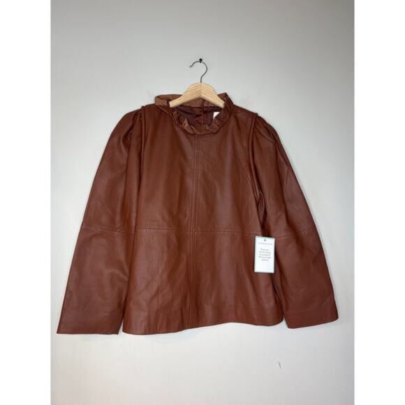 NEW Sea New York Lora Leather Back Buttoned Ruffled Neck Top Caramel Brown - Picture 2 of 7